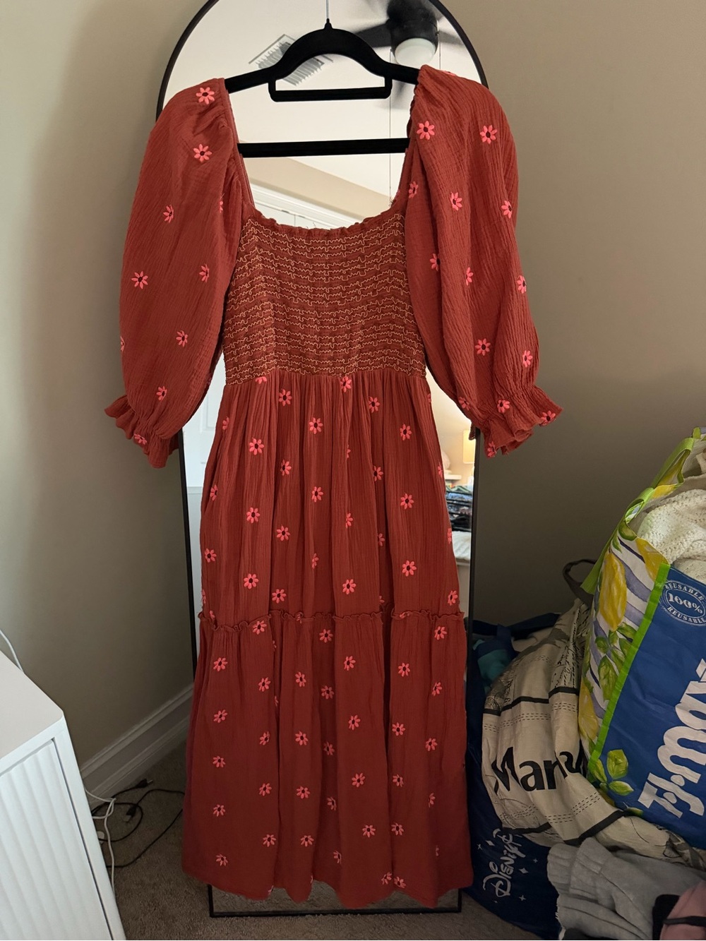 Rust Red Puff-Sleeve Midi Dress with Floral Embroidery